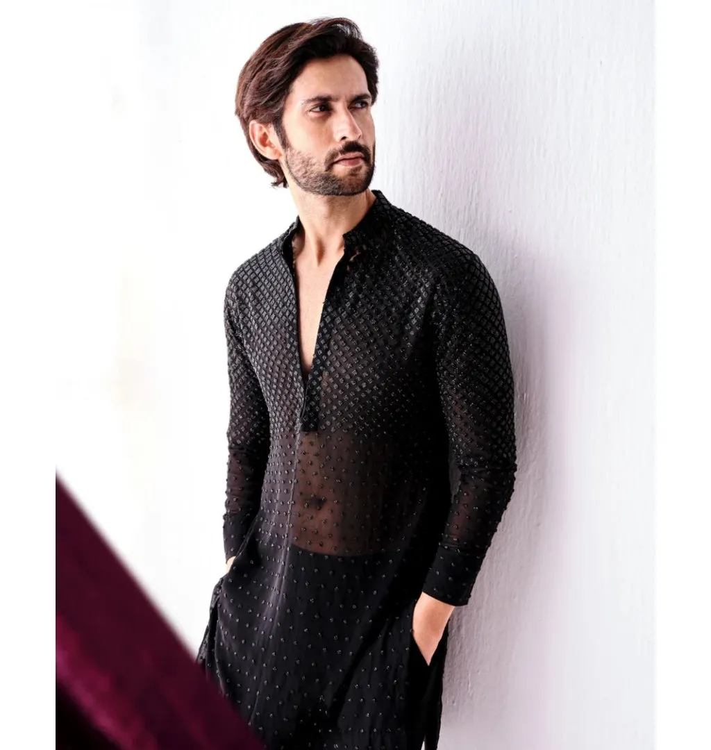 Black Abstract Cutdana Kurta Set