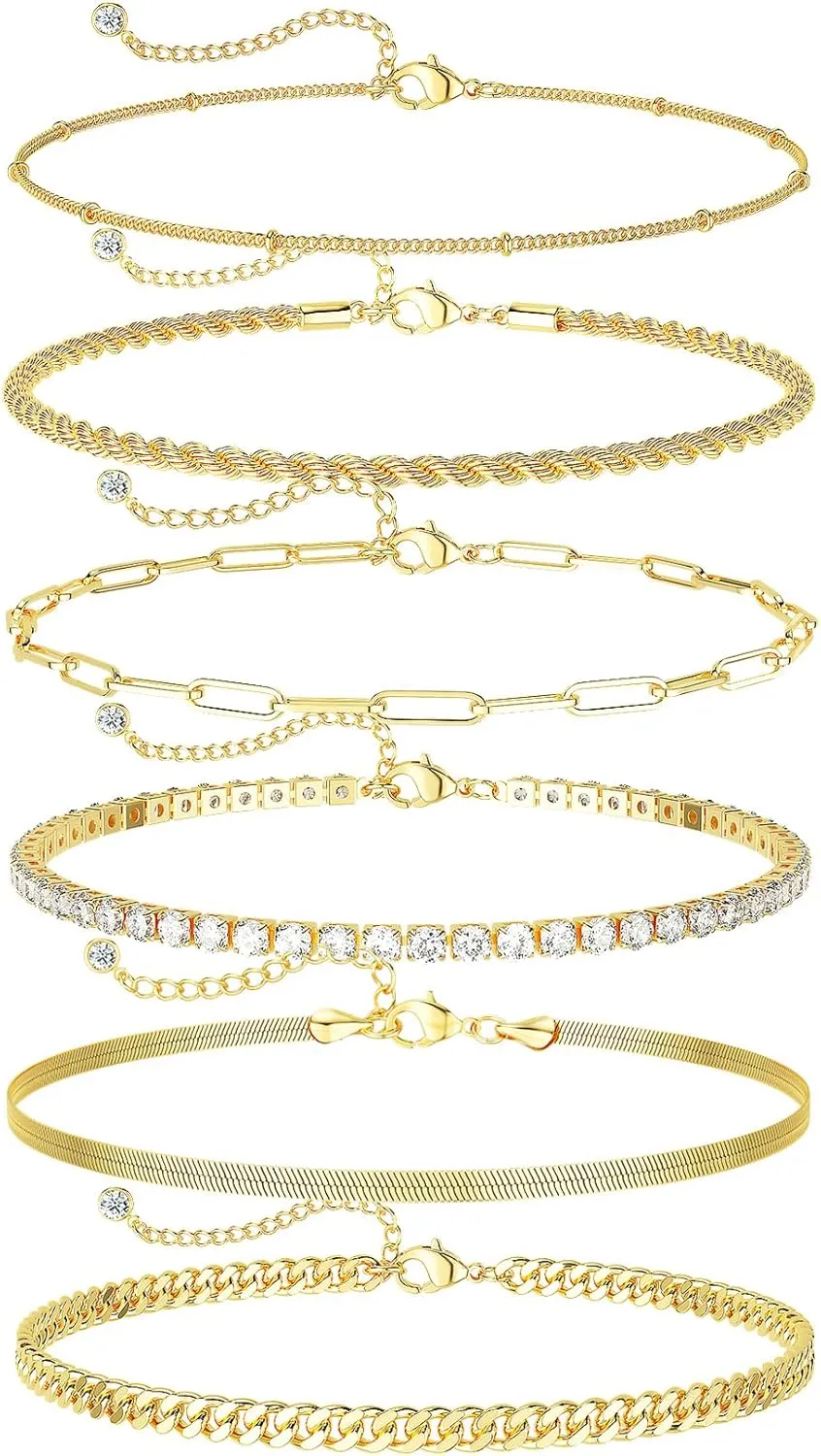 DEARMAY Gold Ankle Bracelets for Women Waterproof - Dainty 6Pcs 14K Gold Plated Anklets Layered Cuban Link Chain Herringbone Cute Anklets Set Pack Summer Beach Jewelry Gift for Women Teen