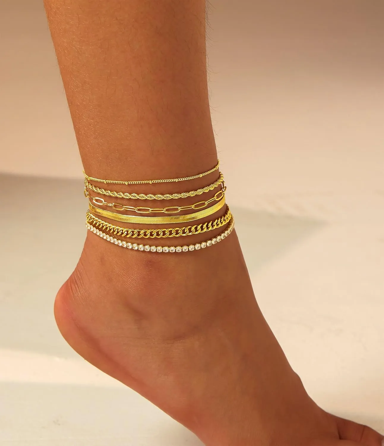 DEARMAY Gold Ankle Bracelets for Women Waterproof - Dainty 6Pcs 14K Gold Plated Anklets Layered Cuban Link Chain Herringbone Cute Anklets Set Pack Summer Beach Jewelry Gift for Women Teen