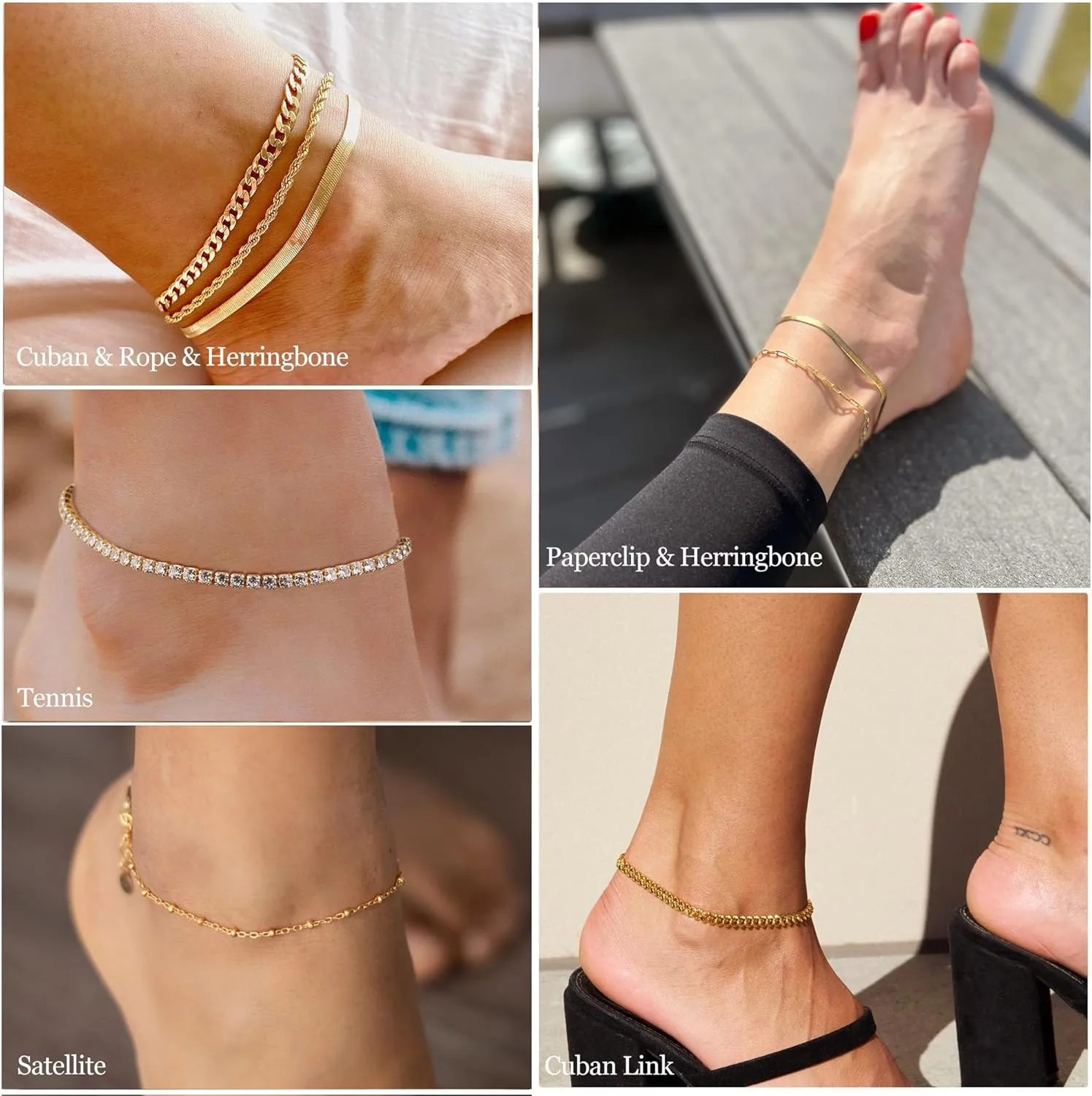 DEARMAY Gold Ankle Bracelets for Women Waterproof - Dainty 6Pcs 14K Gold Plated Anklets Layered Cuban Link Chain Herringbone Cute Anklets Set Pack Summer Beach Jewelry Gift for Women Teen