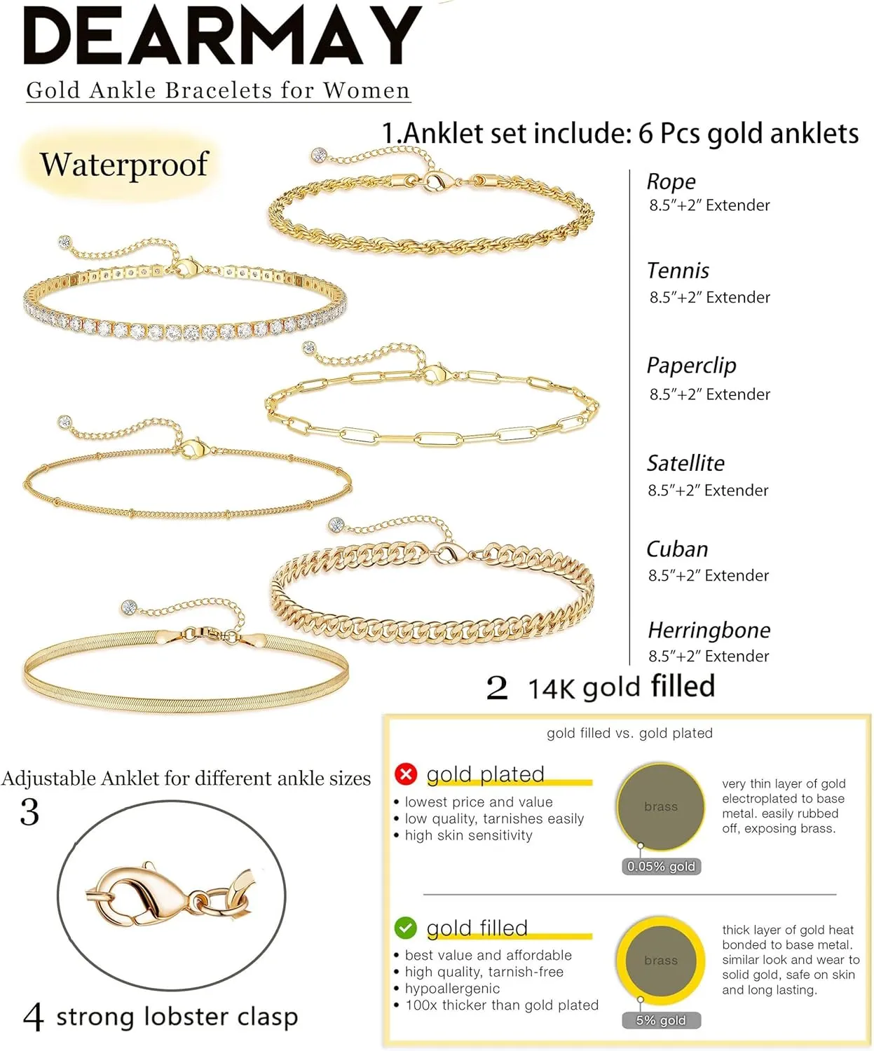 DEARMAY Gold Ankle Bracelets for Women Waterproof - Dainty 6Pcs 14K Gold Plated Anklets Layered Cuban Link Chain Herringbone Cute Anklets Set Pack Summer Beach Jewelry Gift for Women Teen