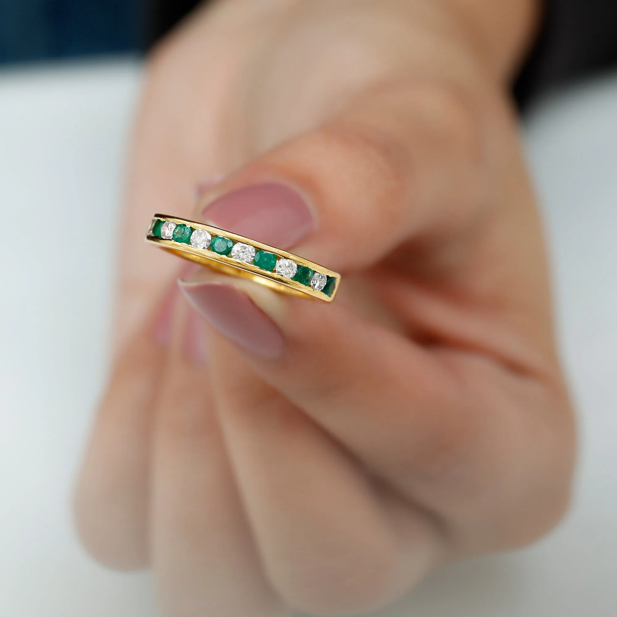 Emerald and Diamond Semi Eternity Band Ring