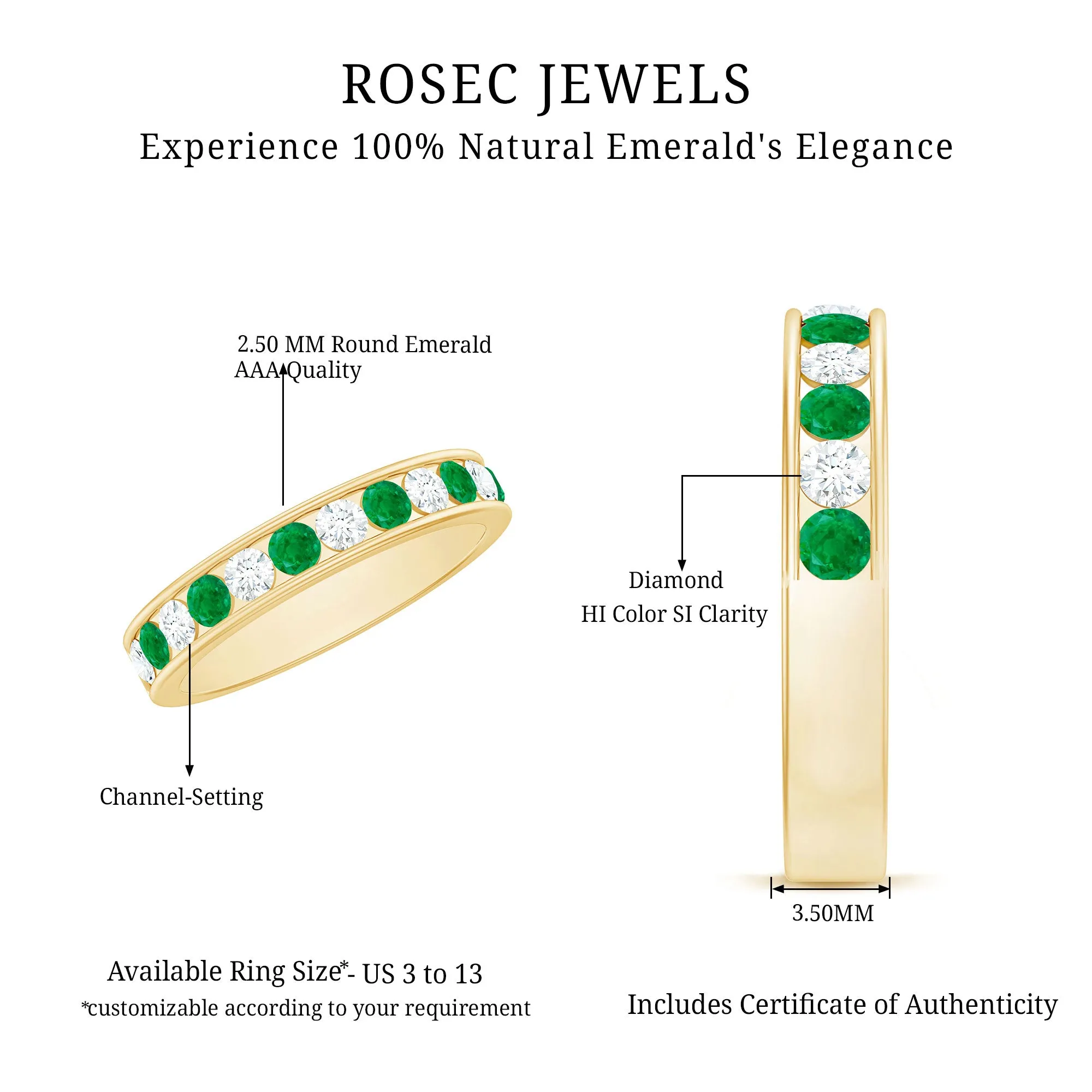 Emerald and Diamond Semi Eternity Band Ring