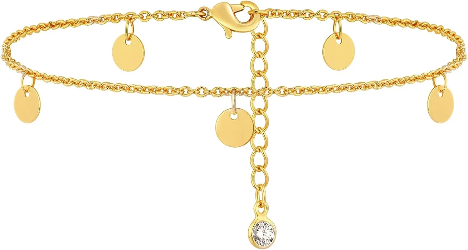 Gold Ankle Bracelets for Women, 14K Gold Plated Anklets Adjustable Cuban Link Anklets Set Tiny Cute Summer Barefoot Jewelry Gift.
