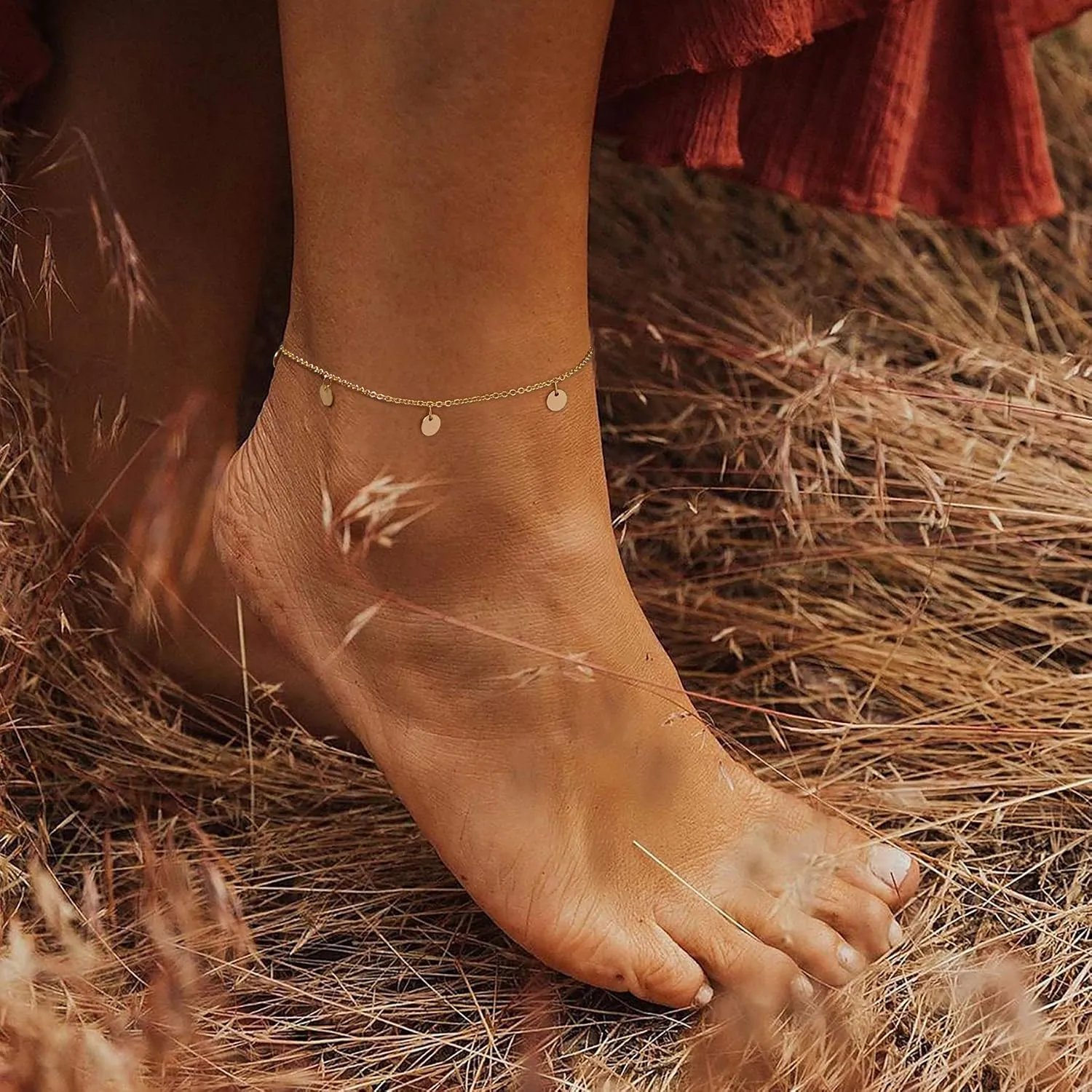 Gold Ankle Bracelets for Women, 14K Gold Plated Anklets Adjustable Cuban Link Anklets Set Tiny Cute Summer Barefoot Jewelry Gift.