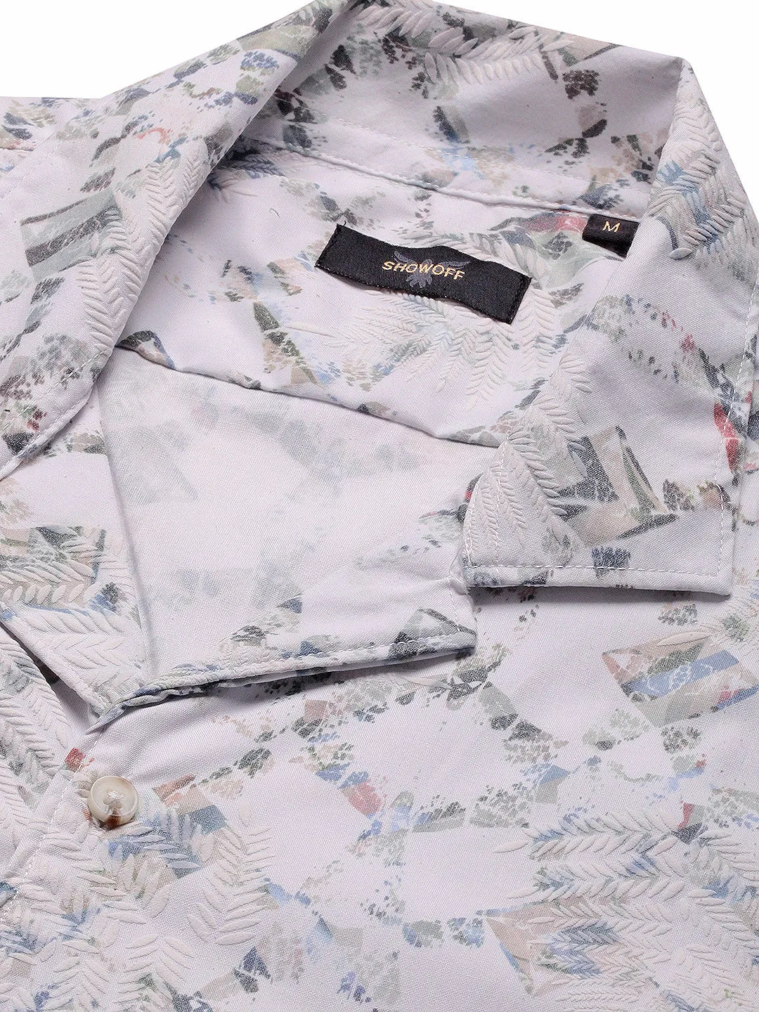 Men White Comfort Relaxed Fit Cuban Collar Abstract Printed Cotton Casual Shirt