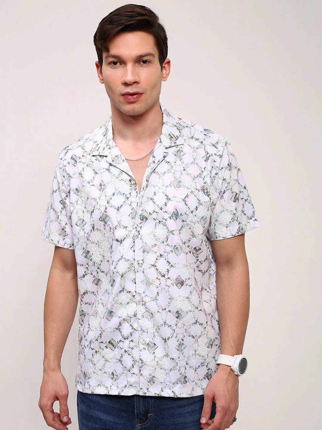 Men White Comfort Relaxed Fit Cuban Collar Abstract Printed Cotton Casual Shirt