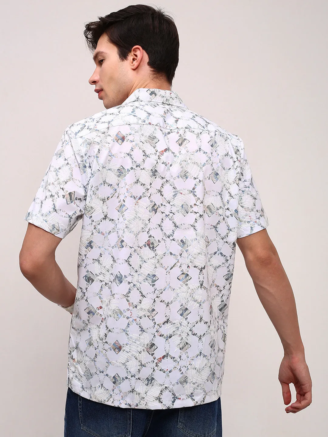 Men White Comfort Relaxed Fit Cuban Collar Abstract Printed Cotton Casual Shirt