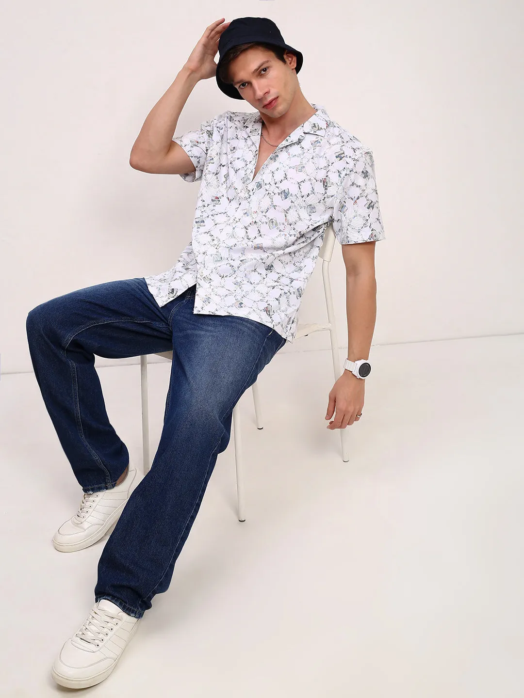 Men White Comfort Relaxed Fit Cuban Collar Abstract Printed Cotton Casual Shirt