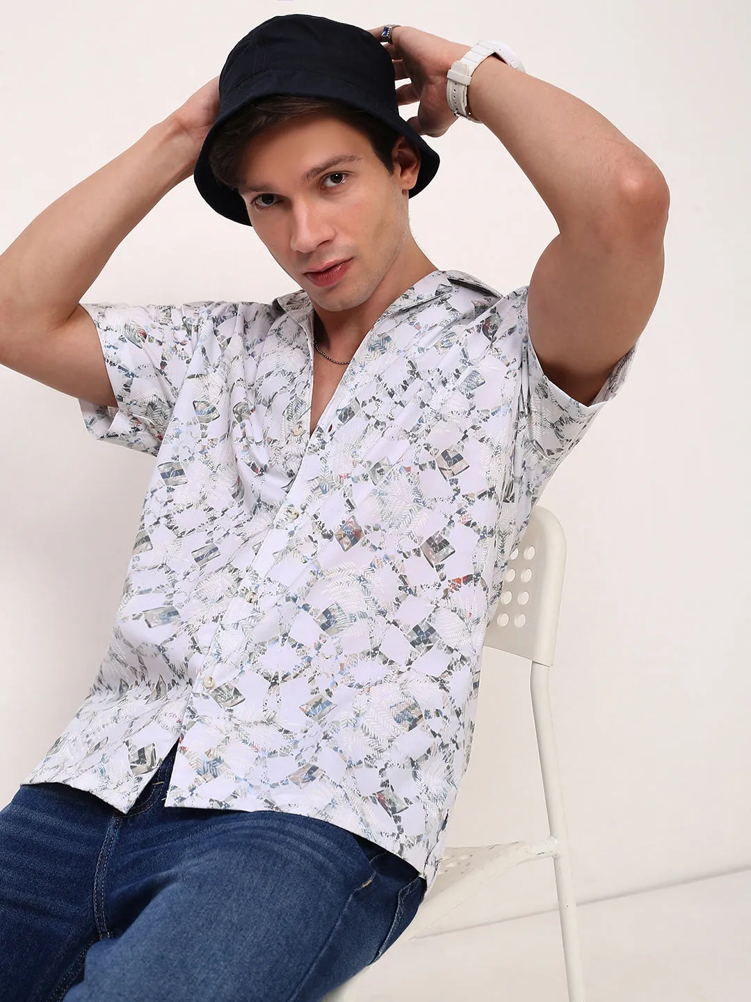 Men White Comfort Relaxed Fit Cuban Collar Abstract Printed Cotton Casual Shirt