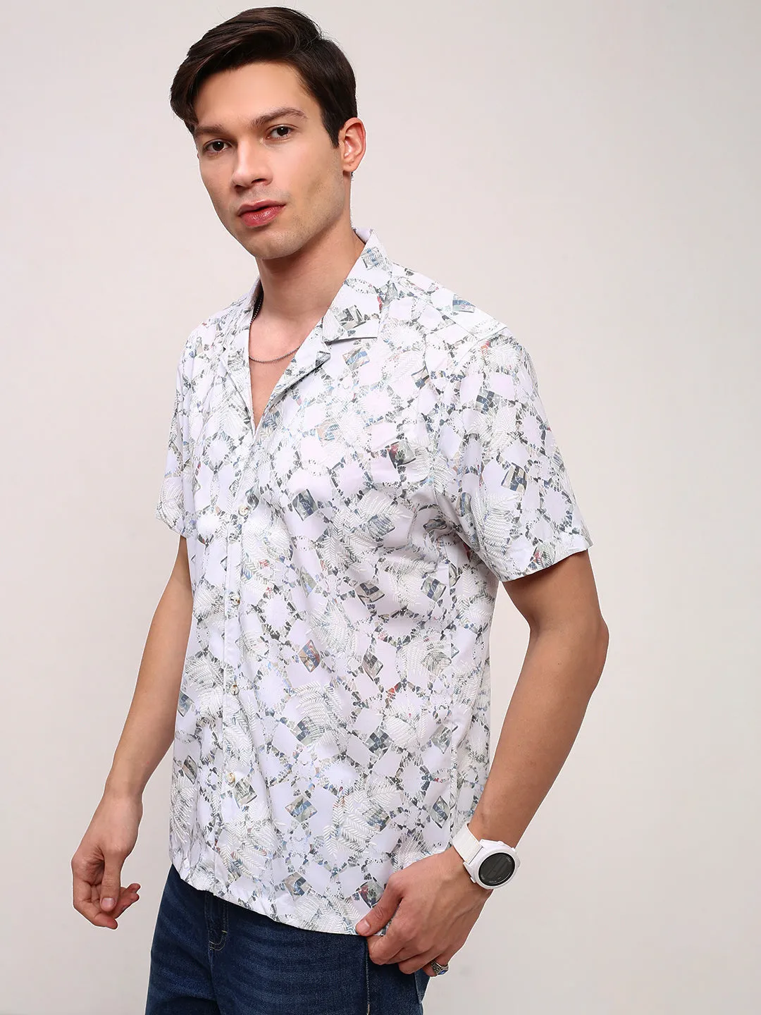 Men White Comfort Relaxed Fit Cuban Collar Abstract Printed Cotton Casual Shirt