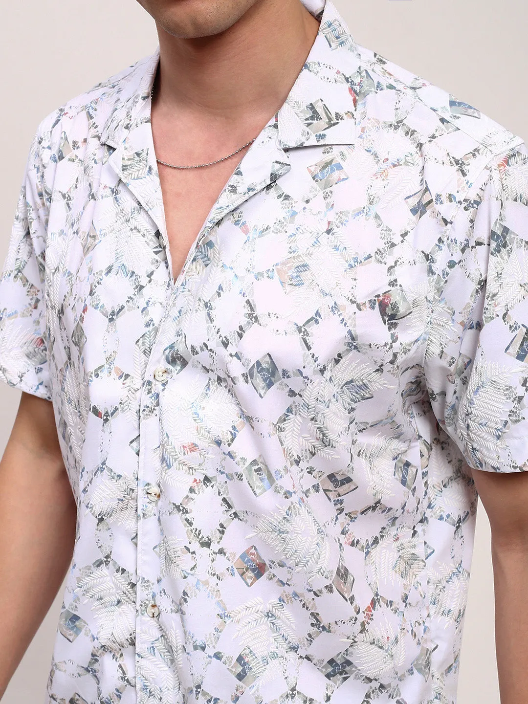 Men White Comfort Relaxed Fit Cuban Collar Abstract Printed Cotton Casual Shirt