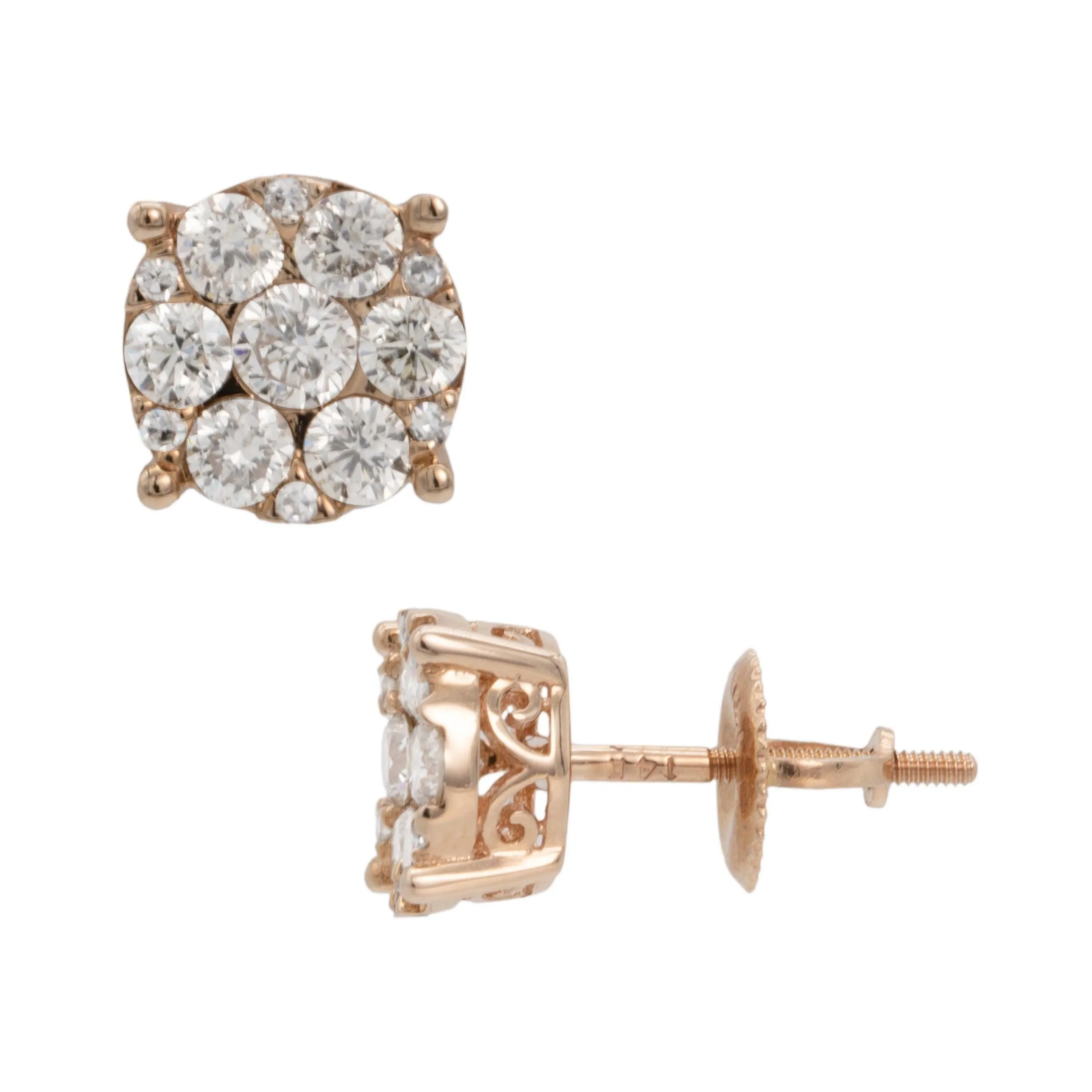Men's Flower Cluster Diamond Stud Earrings 1.14ct 14K Rose Gold