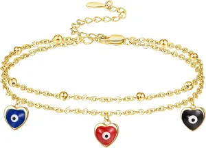 Palpitate Evil Eye Ankle Bracelet 14K Gold Plated Heart Anklet Eye of Protection Bracelet Gold Evil Eye Amulet Jewelry for Women