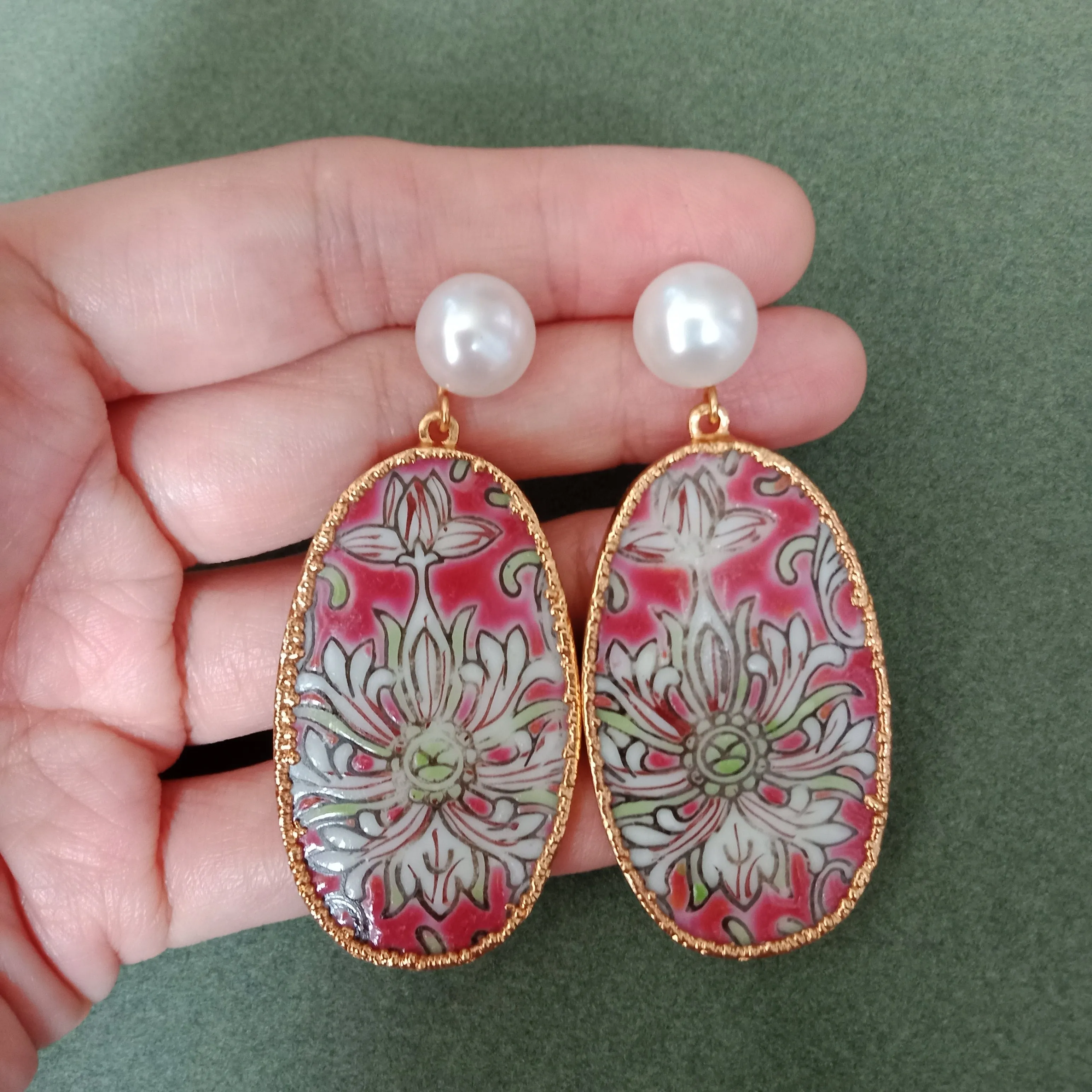Pink lotus elongated porcelain earrings