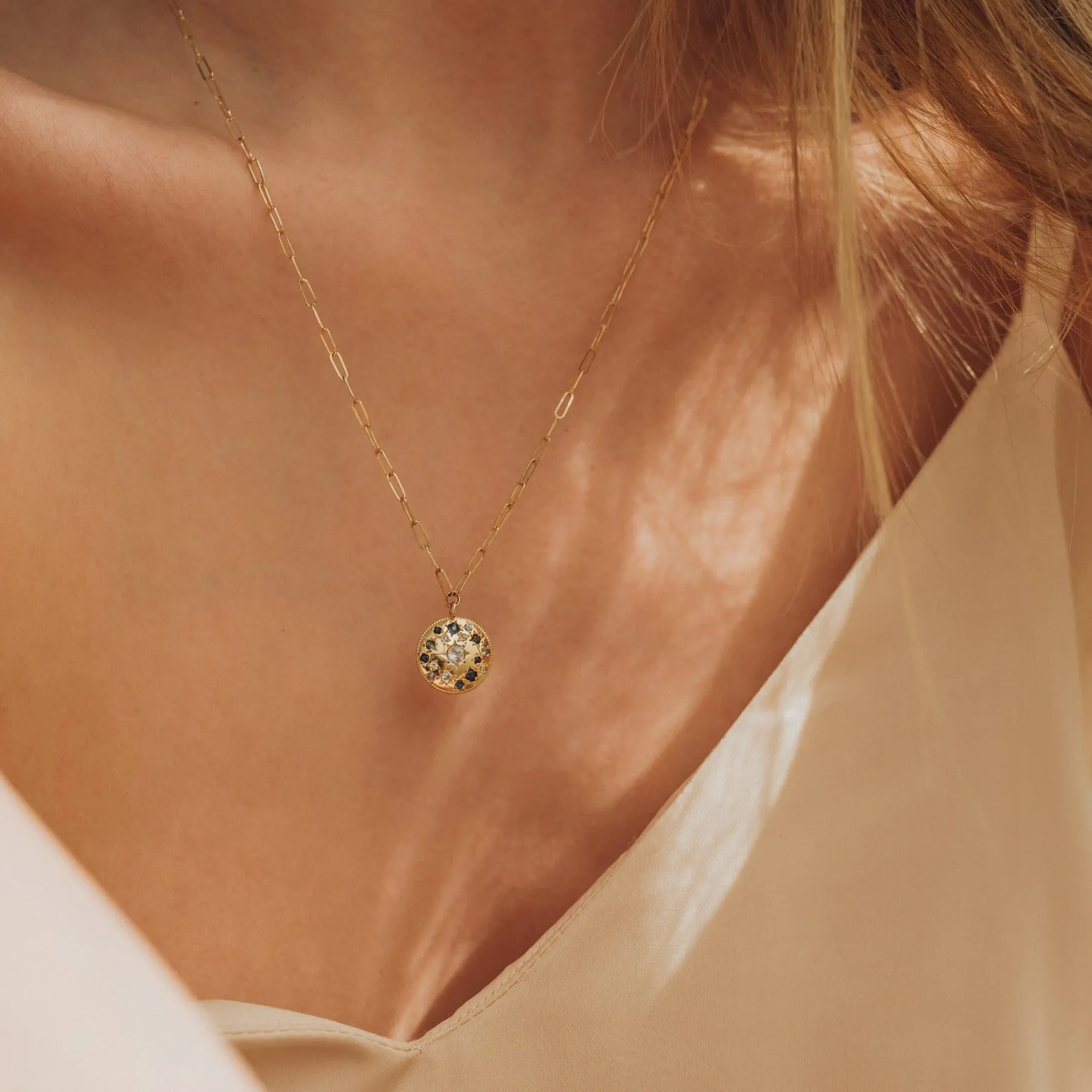 Tie Dye Moon Child Medallion Necklace (14K Gold   Blue Sapphire)