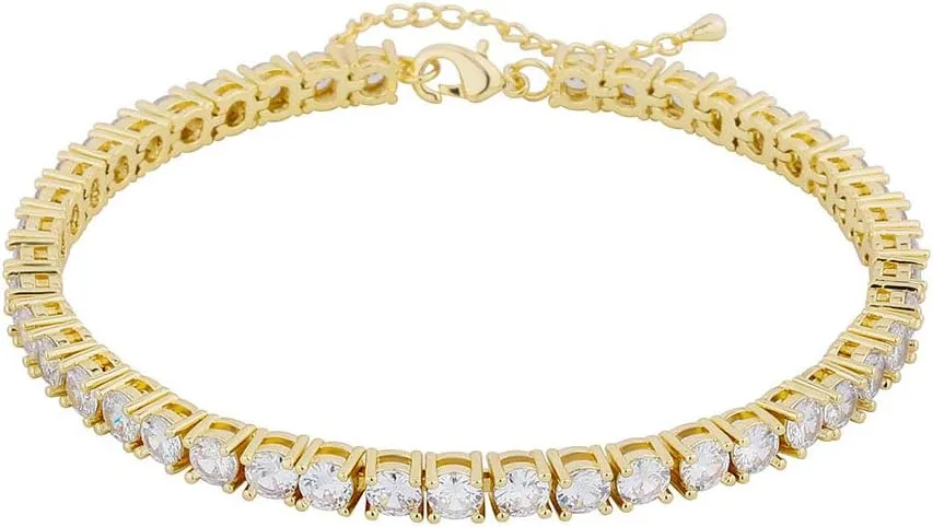 TOPGRILLZ Tennis Ankle Bracelet Gold Anklet Adjustable with Extension 14K Gold Plated Iced out Diamond 3-6mm Fashion Stylish Foot Jewelry for Women