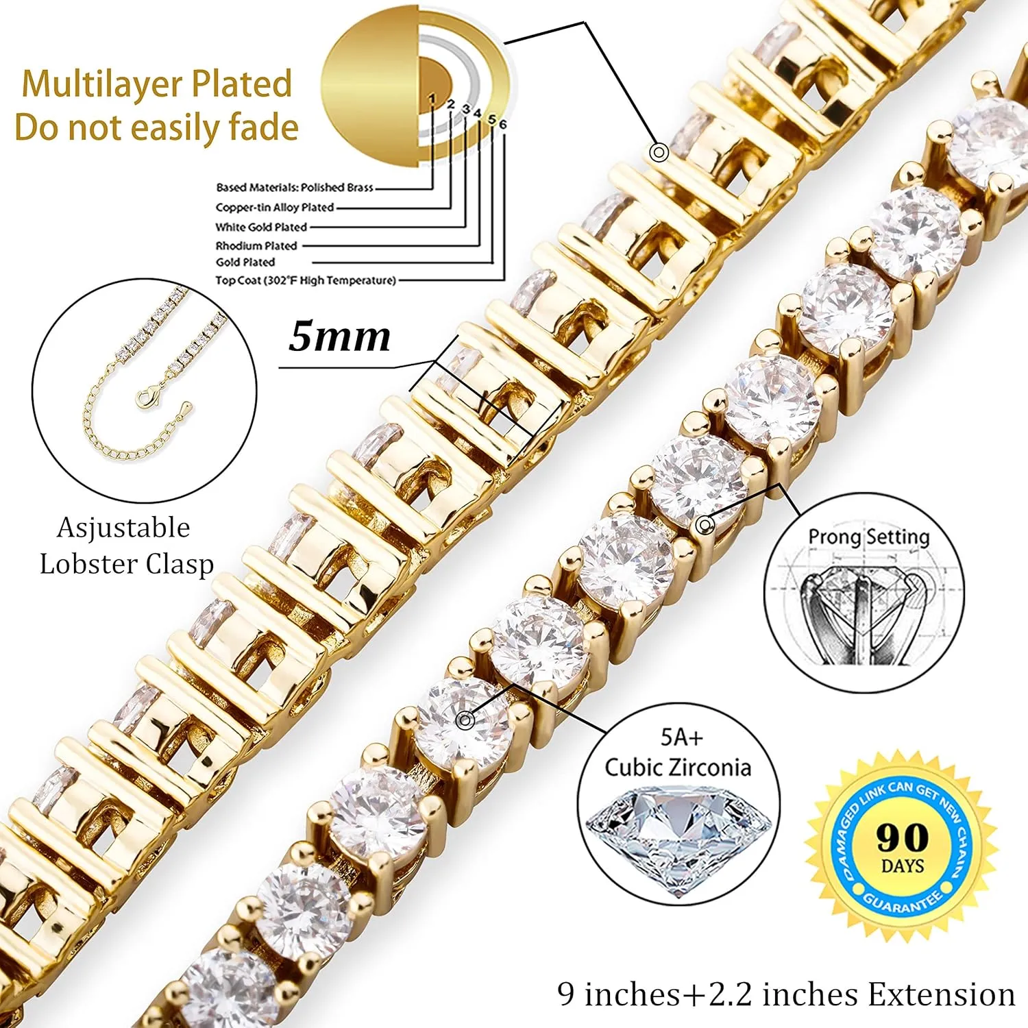 TOPGRILLZ Tennis Ankle Bracelet Gold Anklet Adjustable with Extension 14K Gold Plated Iced out Diamond 3-6mm Fashion Stylish Foot Jewelry for Women