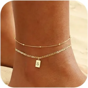 VIROMY Initial Ankle Bracelets for Women Gold Letter Anklets Handmade Layered Bead Link Tag Initial Anklets Jewelry Gift