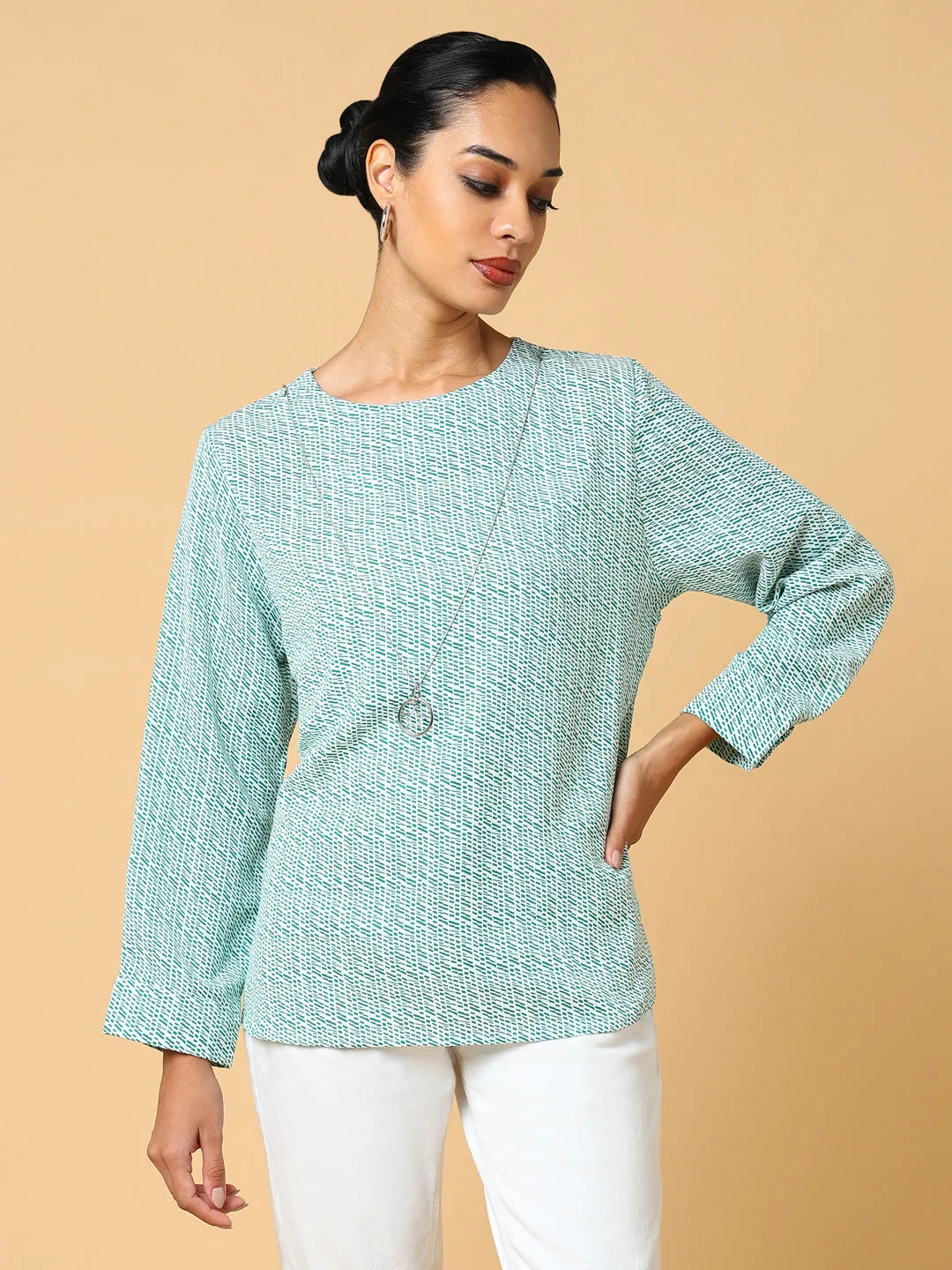 Women Green Print Top