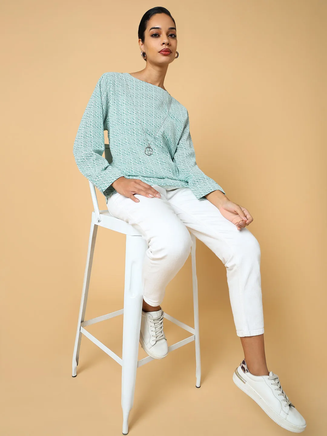 Women Green Print Top