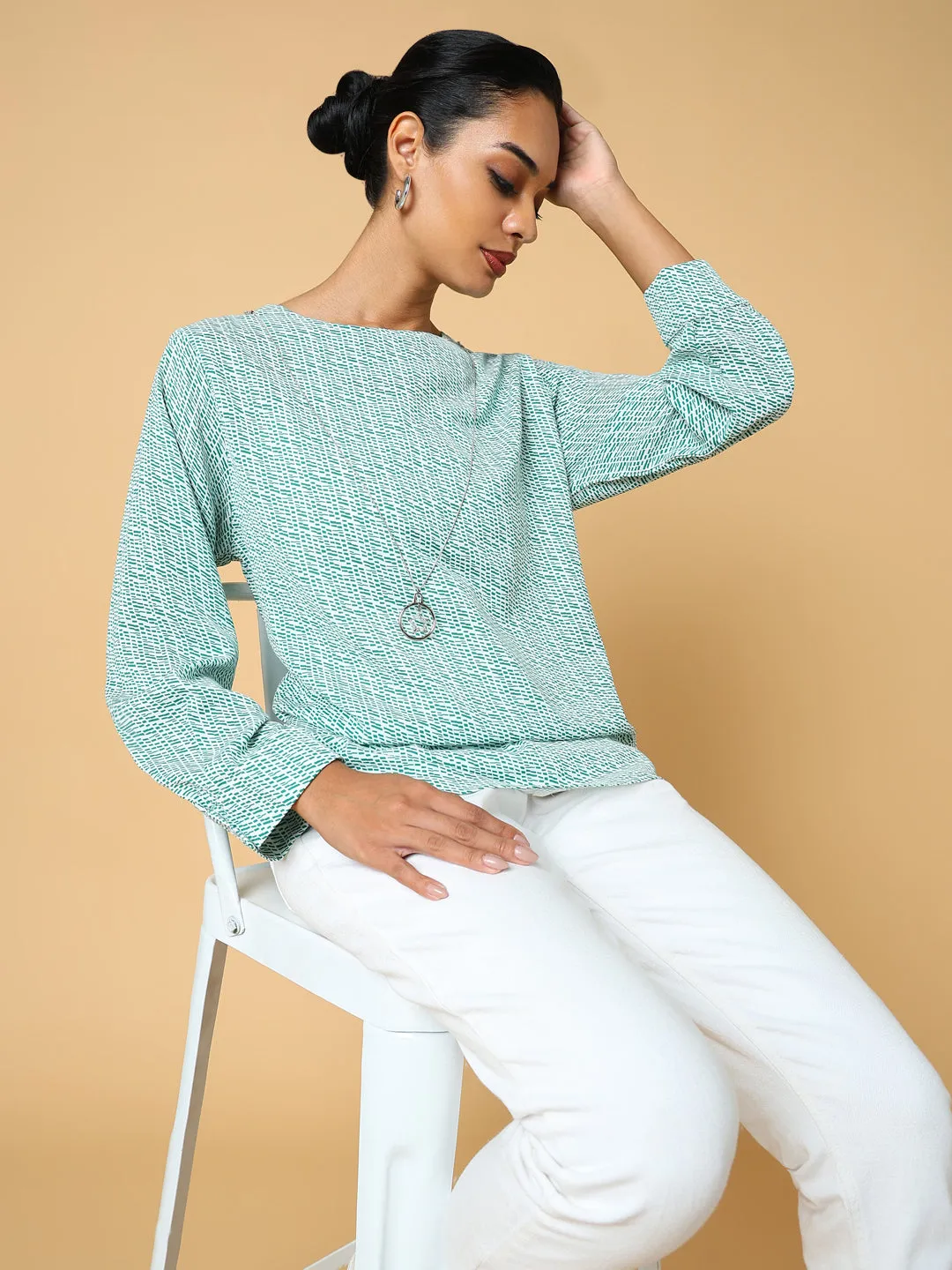 Women Green Print Top