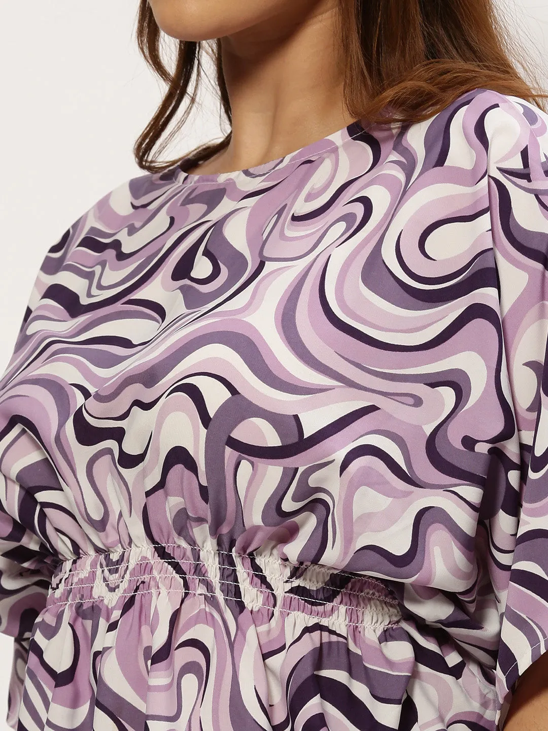 Women Violet Printed Crepe Cinched Waist Top