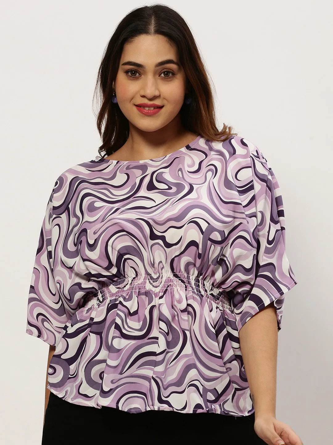 Women Violet Printed Crepe Cinched Waist Top