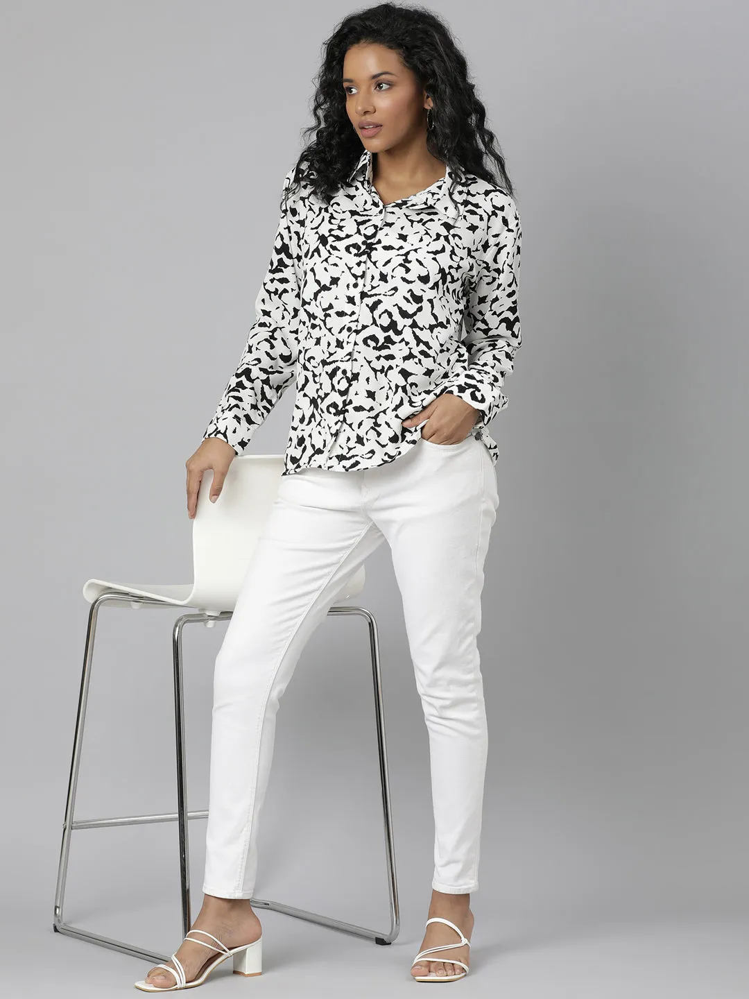 Women White Abstract Printed Casual Shirt
