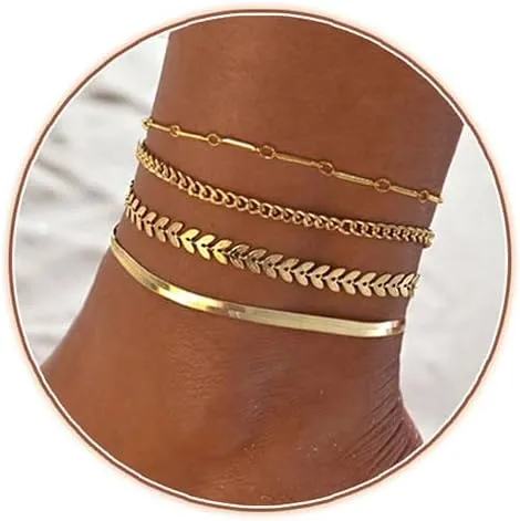 Zeffy Gold Ankle Bracelets for Women, 14k Gold Anklets Waterproof Layered Adjustable Anklet Bracelets Cuban Link Snake Chain Anklets Set Summer Beach Foot Jewelry Gift for 4pcs